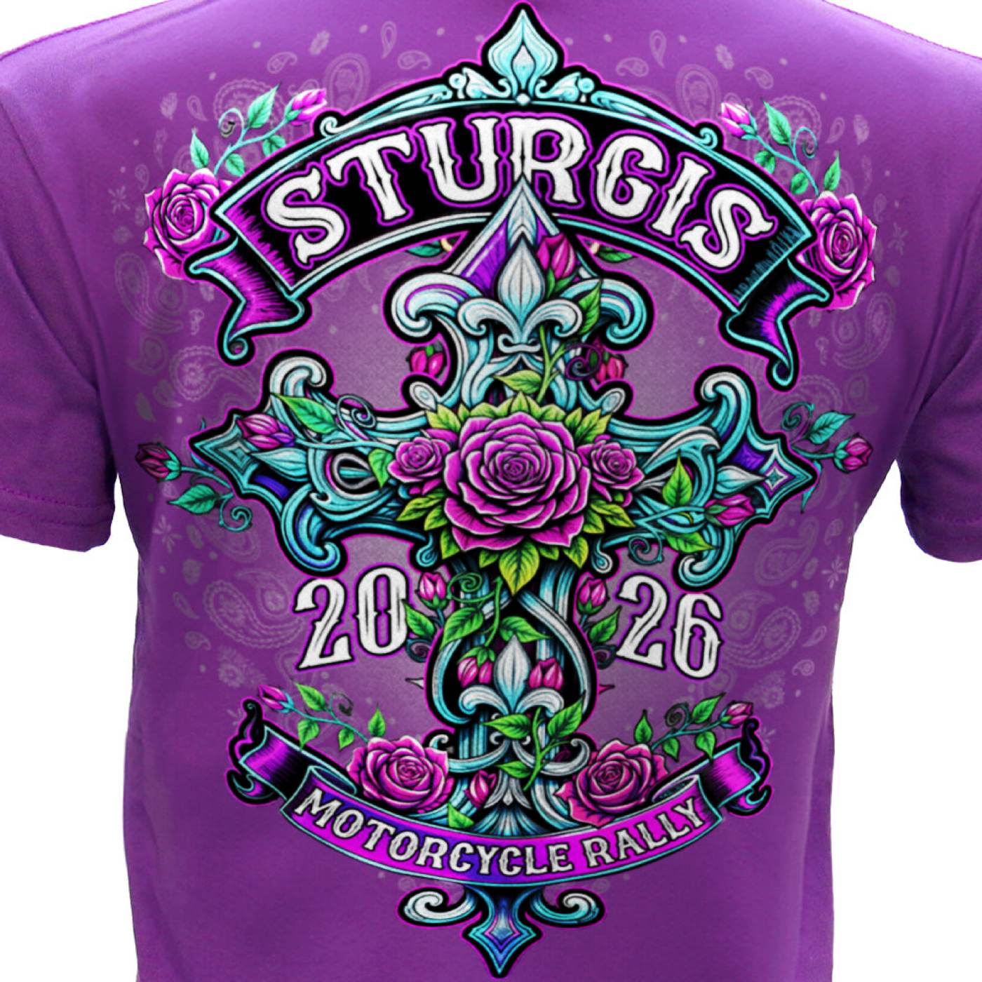 2026 Ladies Sturgis Motorcycle Rally Cross de Lis Purple Short Sleeve V-Neck T-Shirt - SPL1941