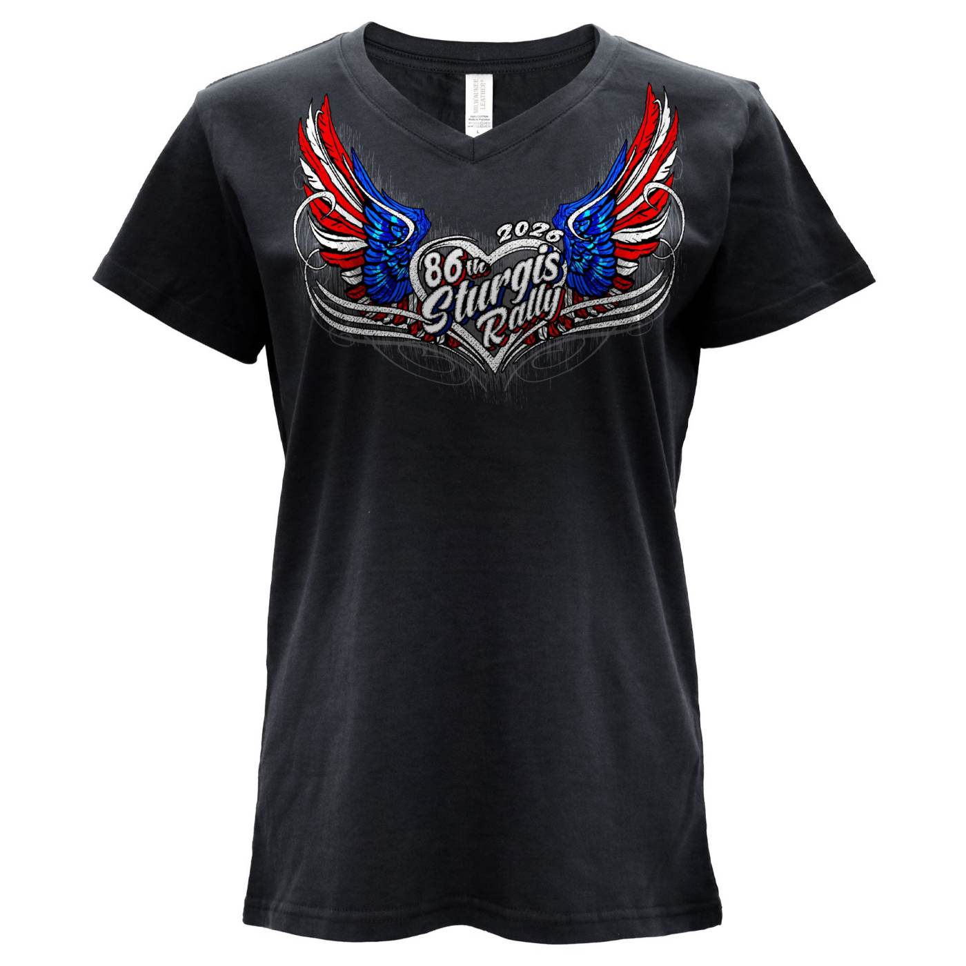 2026 Ladies Sturgis Motorcycle Rally Flag Heart Wings Black Short Sleeve V-Neck T-Shirt - SPL1943