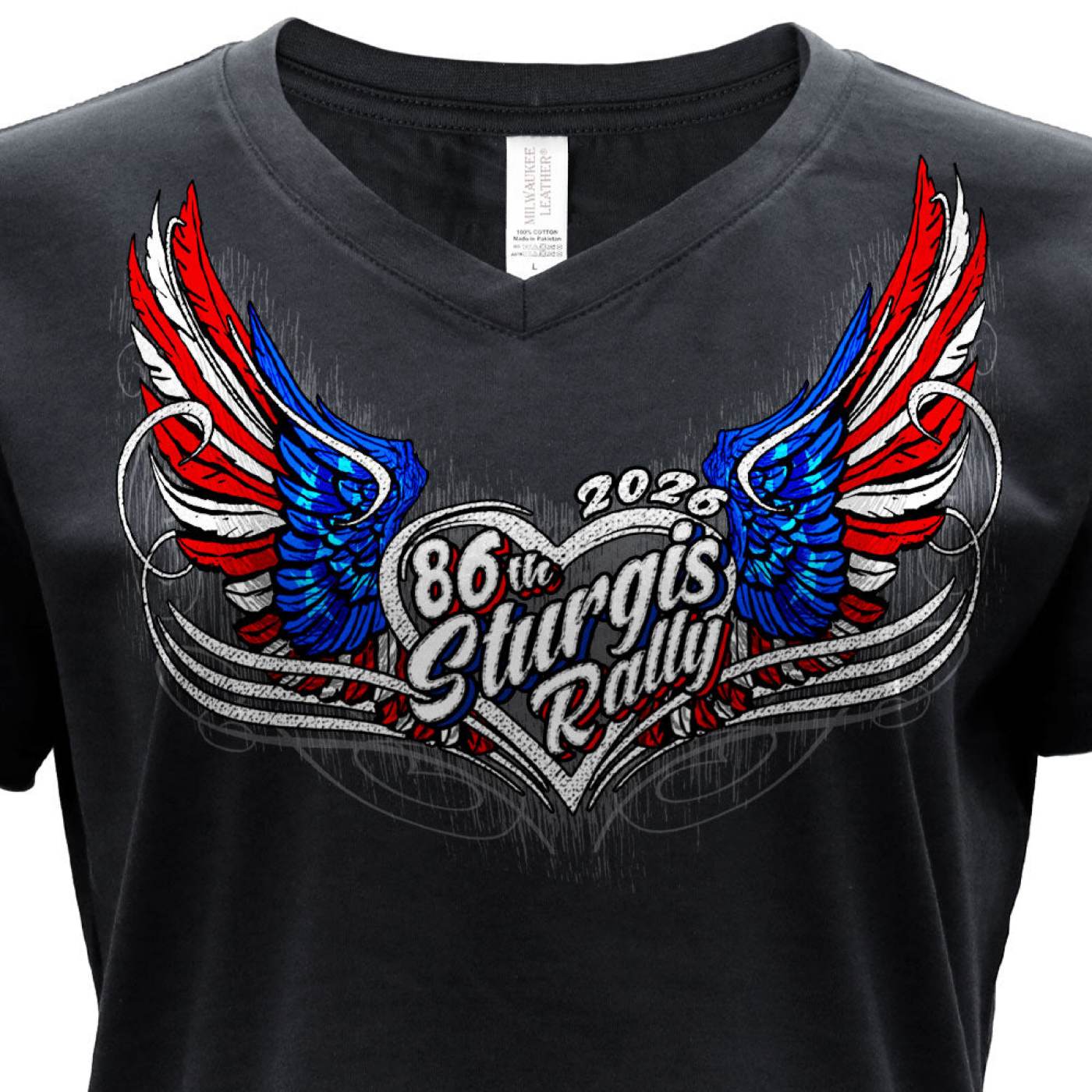 2026 Ladies Sturgis Motorcycle Rally Flag Heart Wings Black Short Sleeve V-Neck T-Shirt - SPL1943