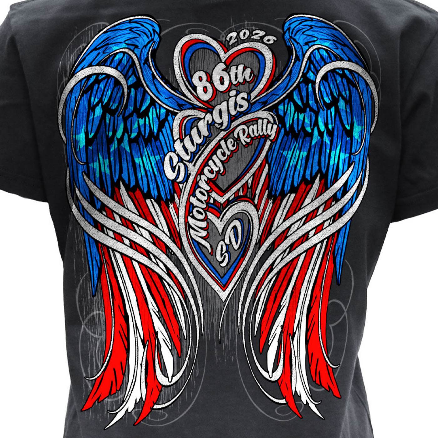 2026 Ladies Sturgis Motorcycle Rally Flag Heart Wings Black Short Sleeve V-Neck T-Shirt - SPL1943