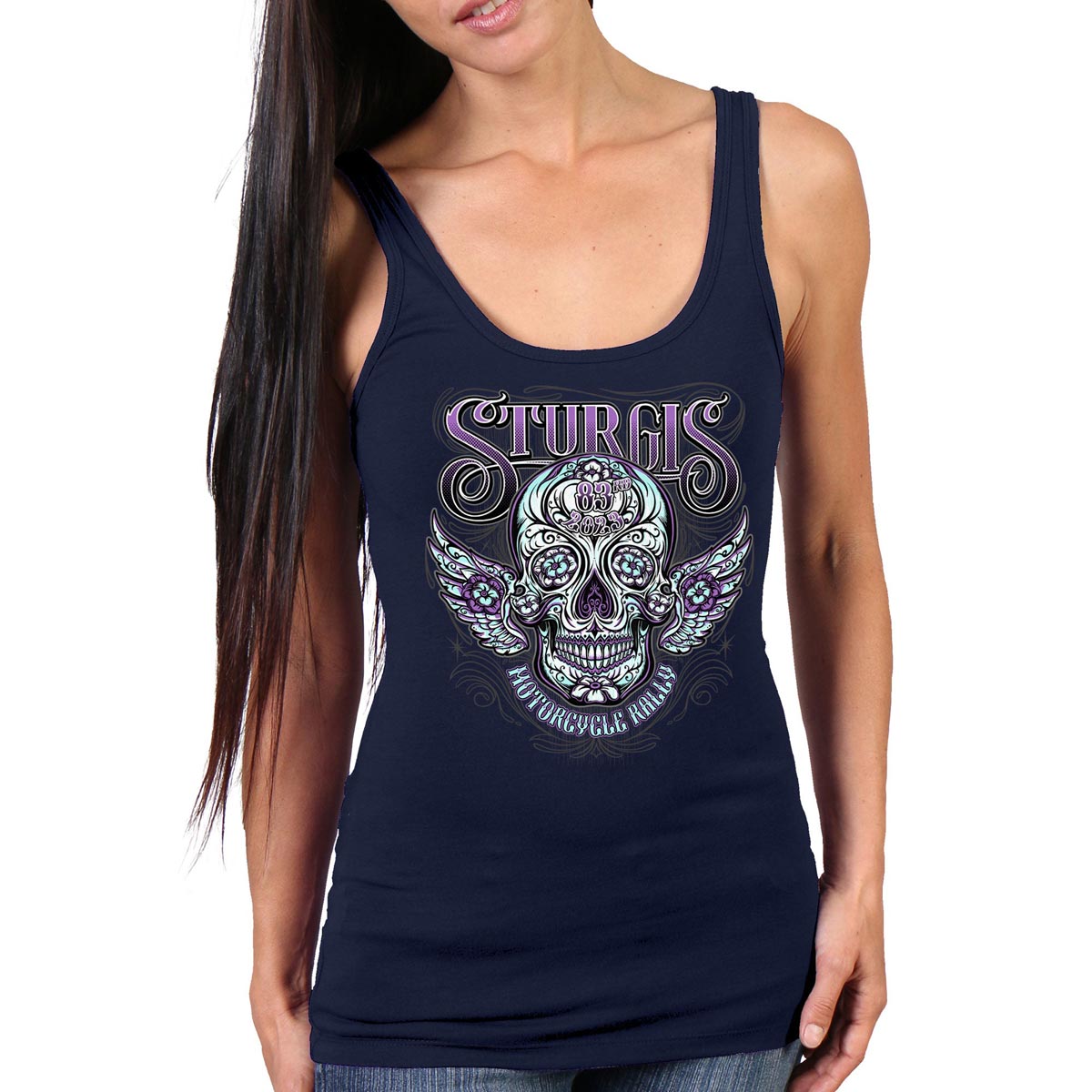 Hot Leathers SPL2860 Women's Navy 2023 Sturgis Antique Sugar Skull Tank Top