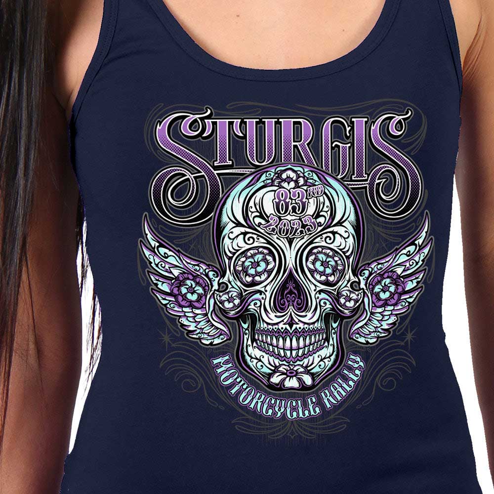 Hot Leathers SPL2860 Women's Navy 2023 Sturgis Antique Sugar Skull Tank Top