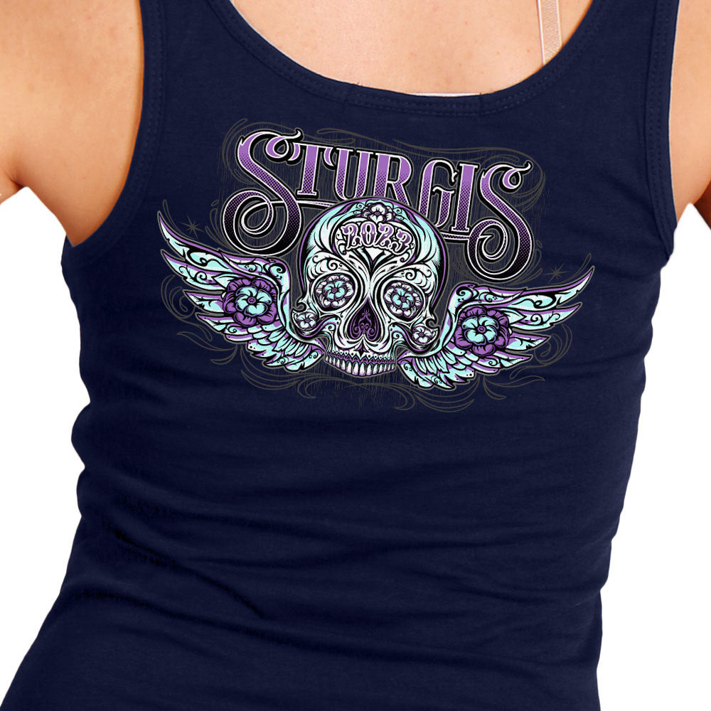 Hot Leathers SPL2860 Women's Navy 2023 Sturgis Antique Sugar Skull Tank Top Shirt