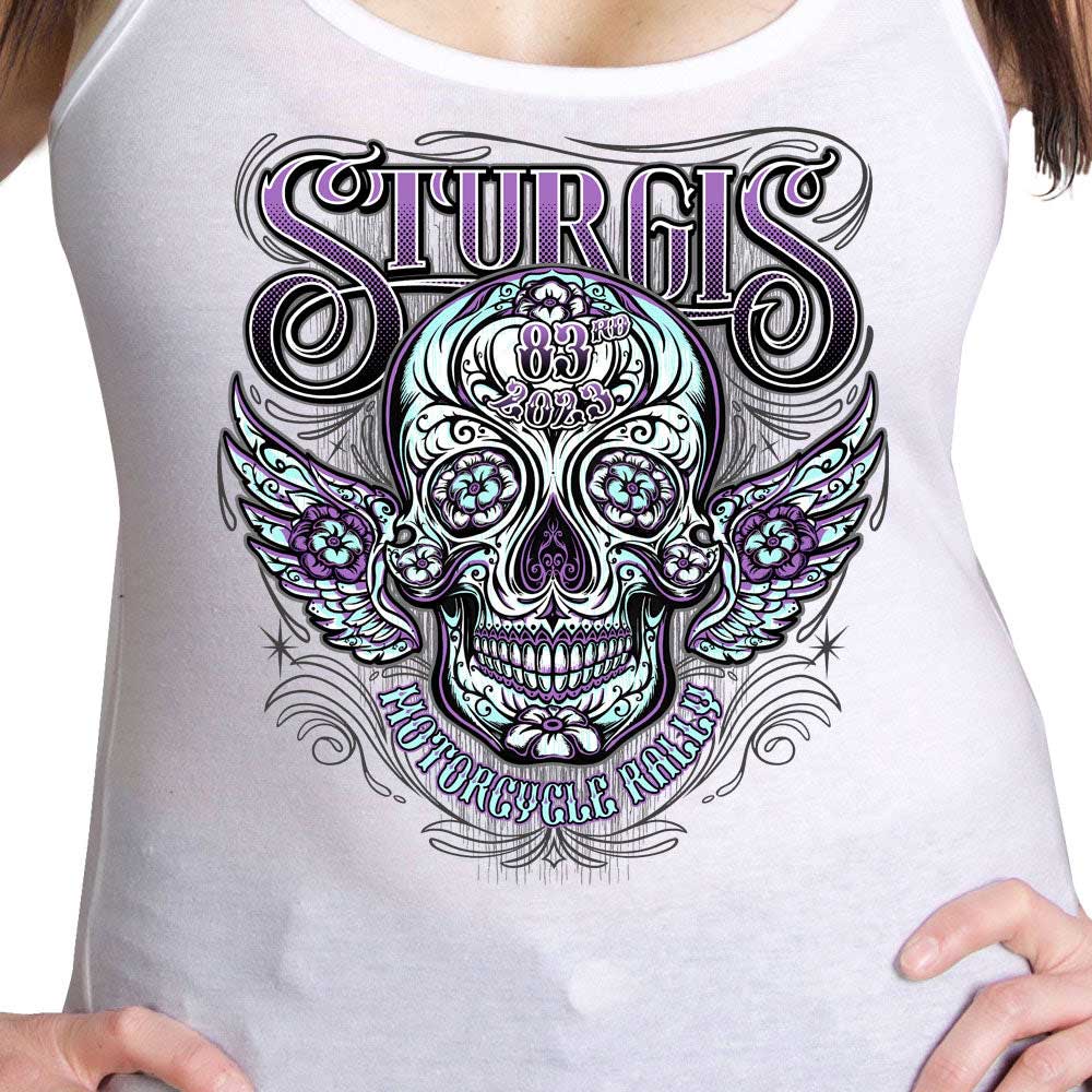 Hot Leathers SPL2861 Women's White 2023 Sturgis Antique Sugar Skull Tank Top Shirt