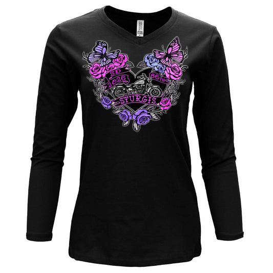 2026 Ladies Sturgis Motorcycle Rally Butterflies and Roses Black Long Sleeve Shirt - SPL3897