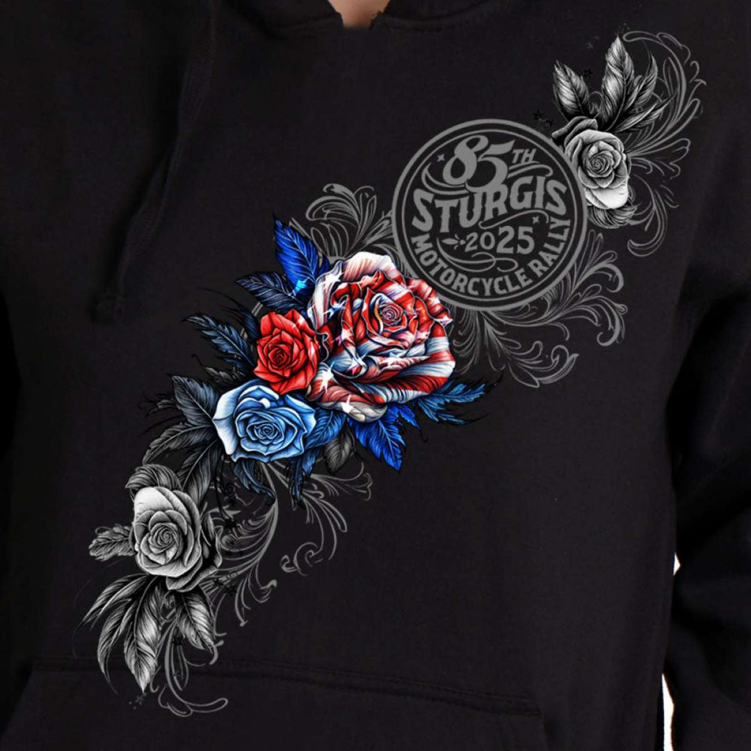 2025 Sturgis Motorcycle Rally Patriotic Roses Black Ladies Hooded Sweat