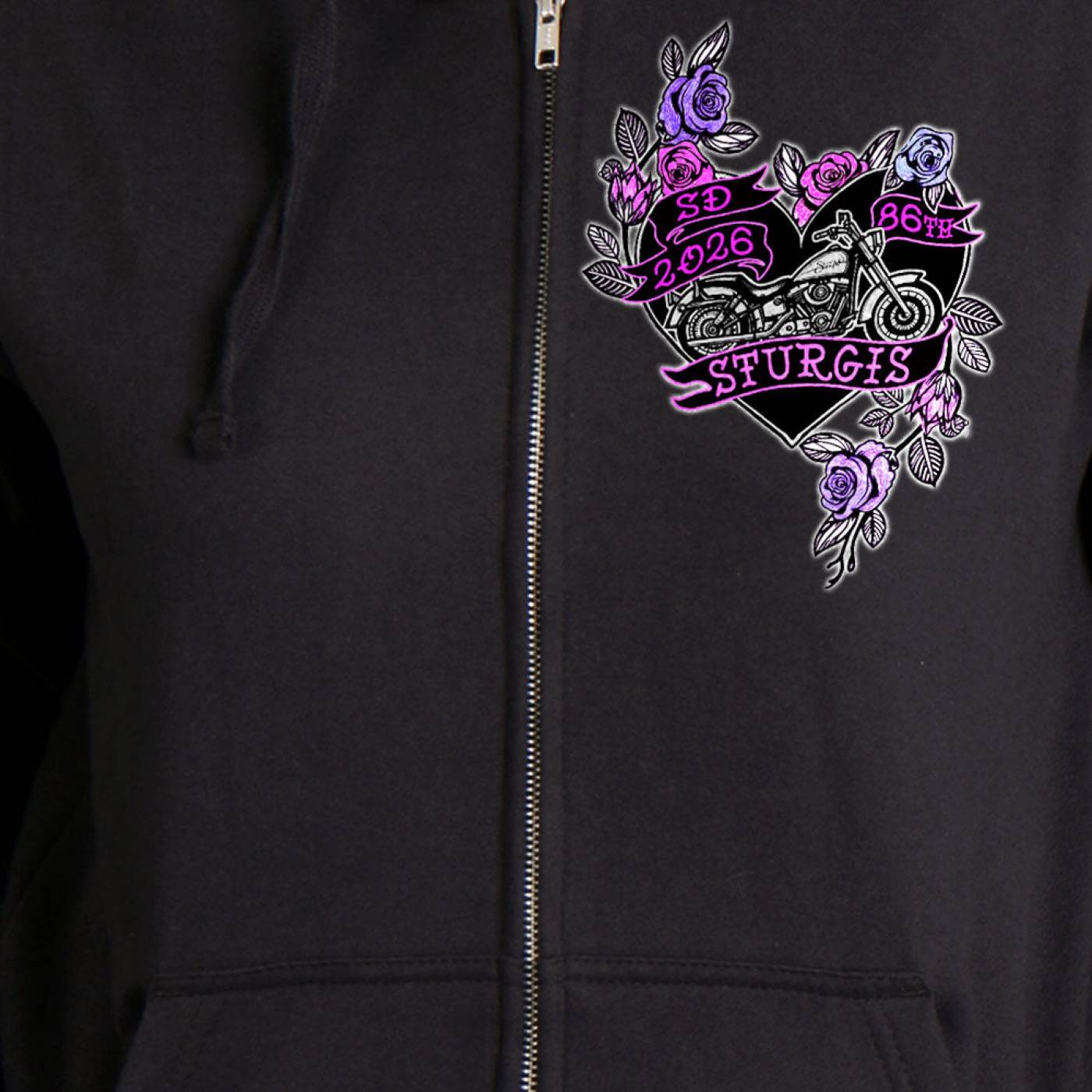 2026 Ladies Sturgis Motorcycle Rally Butterflies and Roses Black Zip-Up Hoodie - SPL4891
