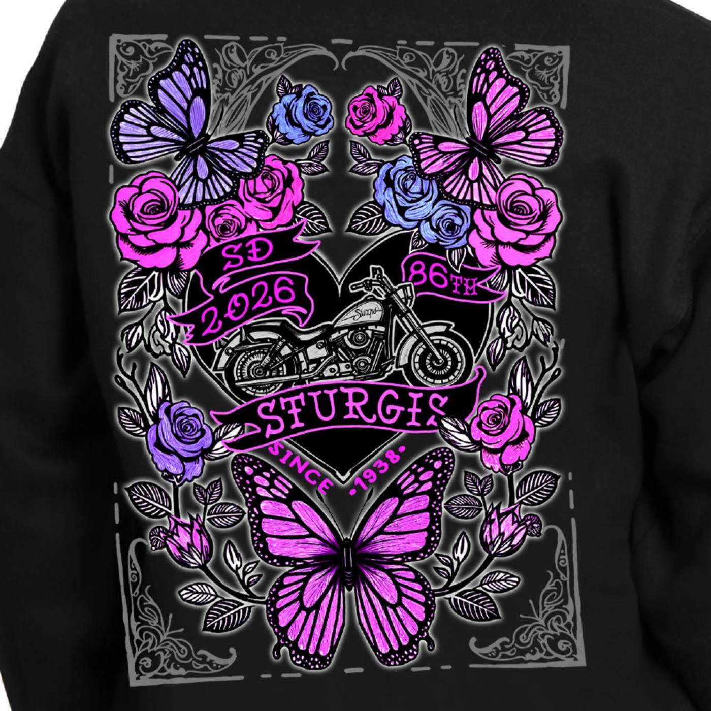 2026 Ladies Sturgis Motorcycle Rally Butterflies and Roses Black Zip-Up Hoodie - SPL4891