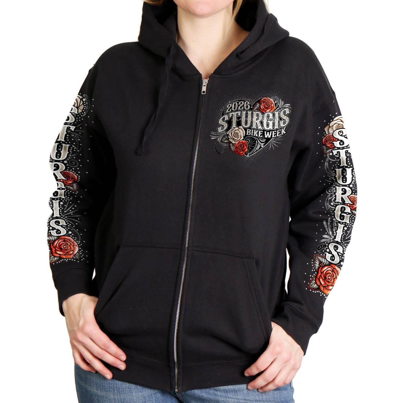 2026 Ladies Sturgis Motorcycle Rally Leather Wings Black Zip-Up Hoodie - SPL4893