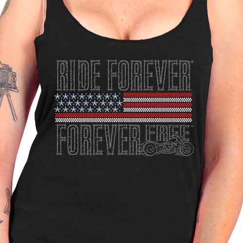 Hot Leathers GLC2443 Ladies 'Ride Forever, Forever Free' US Flag with Bling Black Tank Top Shirt