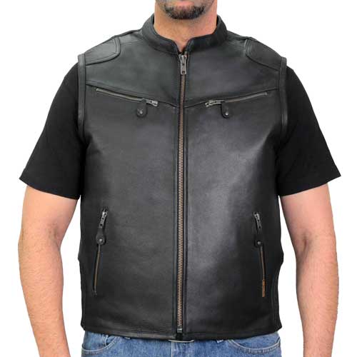 Hot Leathers VSM1037 Men's Black 'Zipper Pockets' Concealed and Carry Leather Vest