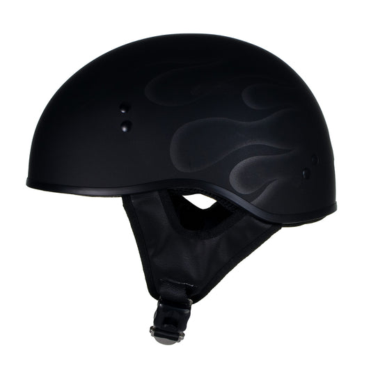 Hot Leathers HLT68 Type-1 Flat Black Flames Motorcycle DOT Approved Skull Cap Half Helmet