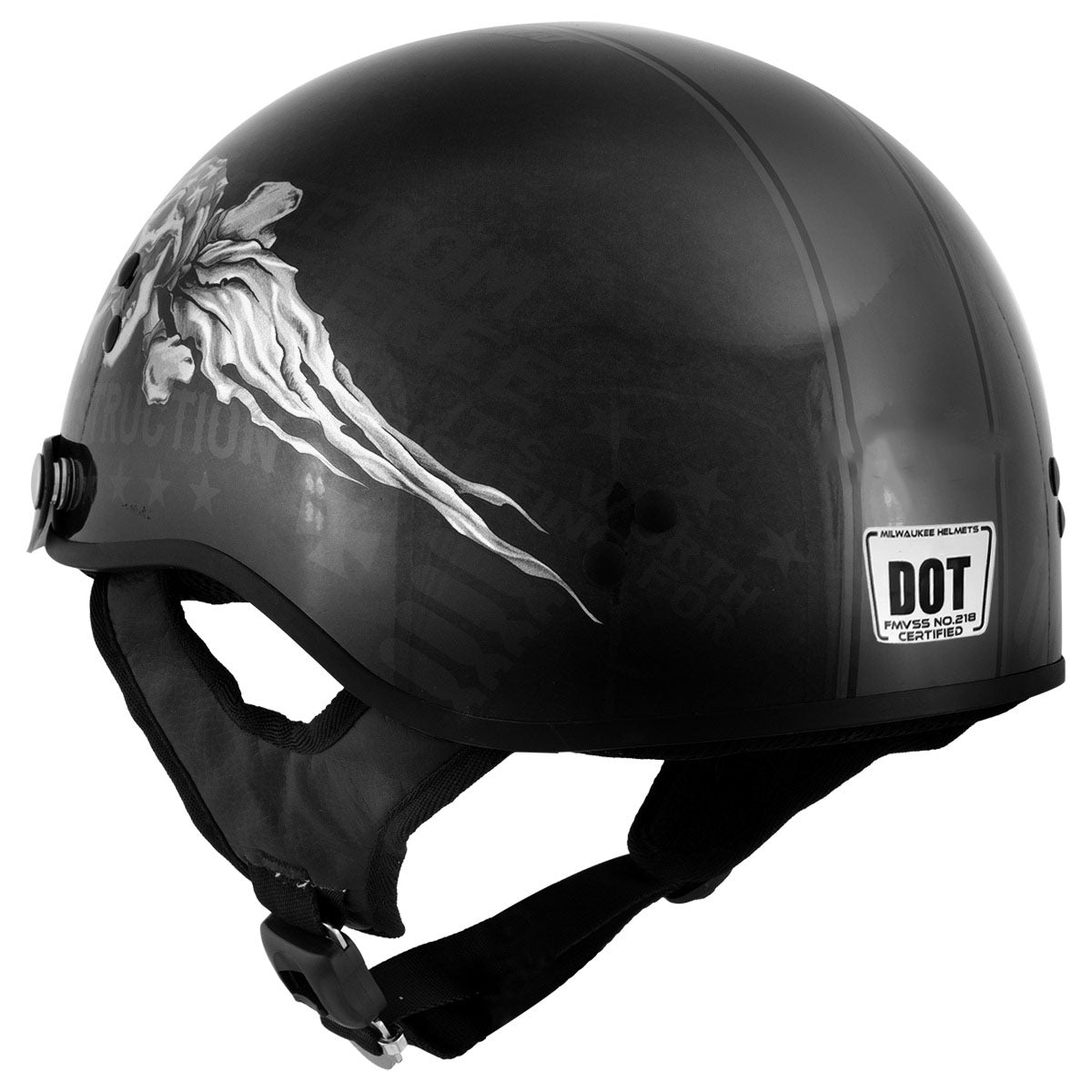 Milwaukee Helmets T70 'Freedom Skulls' Black Glossy Motorcycle DOT Approved Skull Cap Half Helmet for Men and Women Biker