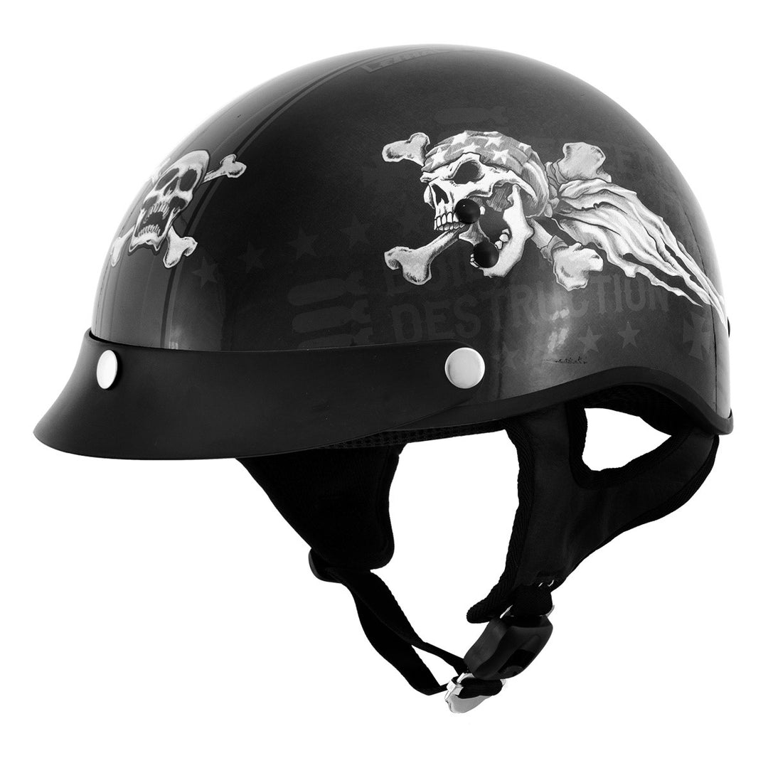 Milwaukee Helmets T70 Freedom Skulls Black Glossy Motorcycle DOT Approved Skull Cap Half Helmet Biker