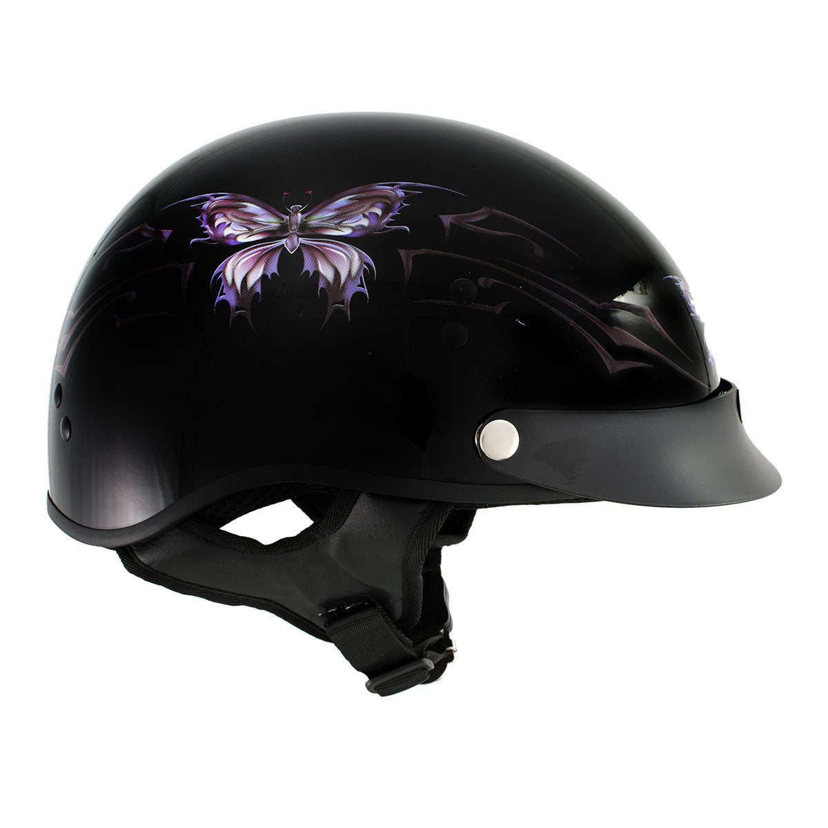 blue butterfly motorcycle helmet Hot Leathers HLT70 'Purple Butterfly' Glosy Black Advanced DOT Motorcycle Half Face Biker Helmet