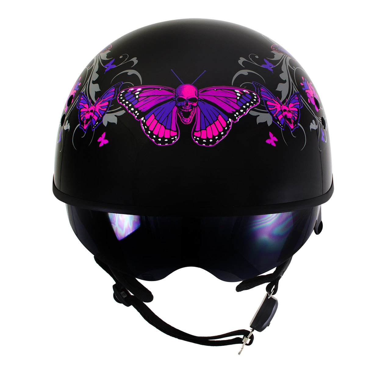 Hot Leathers HLT72 Gloss Black Pink Butterflies Advanced DOT Helmet for Men and Women with Drop Down Tinted Visor