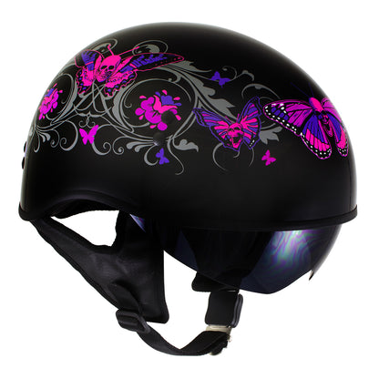 Milwaukee Helmets T72 Gloss Black Pink Butterflies Advanced DOT Helmet for Men and Women with Drop Down Tinted Visor