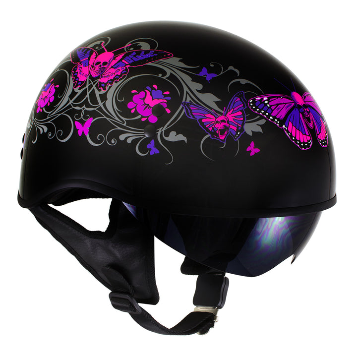 Hot Leathers HLT72 Gloss Black Pink Butterflies Advanced DOT Helmet w/ Drop Down Visor