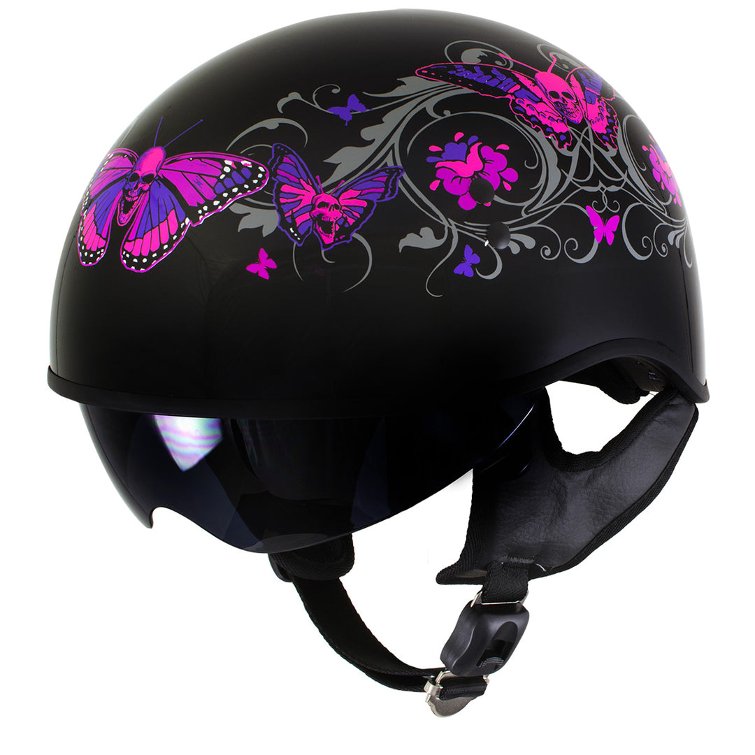 Hot Leathers HLT72 Gloss Black Pink Butterflies Advanced DOT Helmet w/ Drop Down Visor