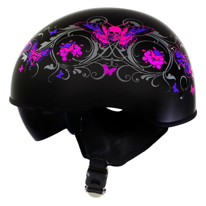 Hot Leathers HLT72 Gloss Black Pink Butterflies Advanced DOT Helmet w/ Drop Down Visor