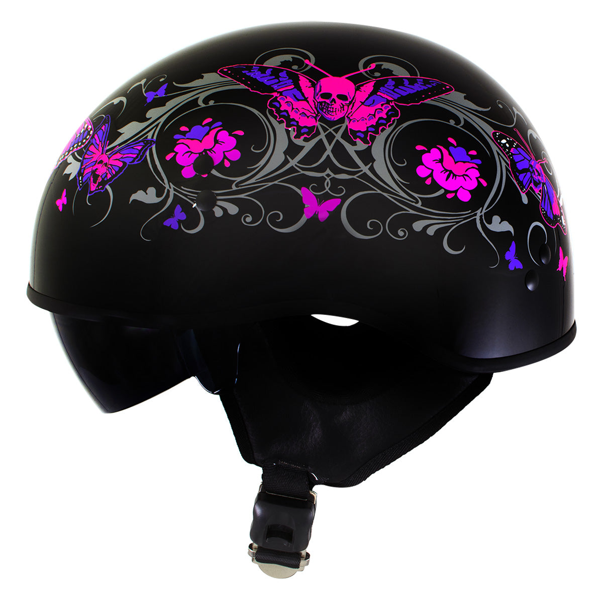 Hot Leathers HLT72 Gloss Black Pink Butterflies Advanced DOT Helmet for Men and Women with Drop Down Tinted Visor