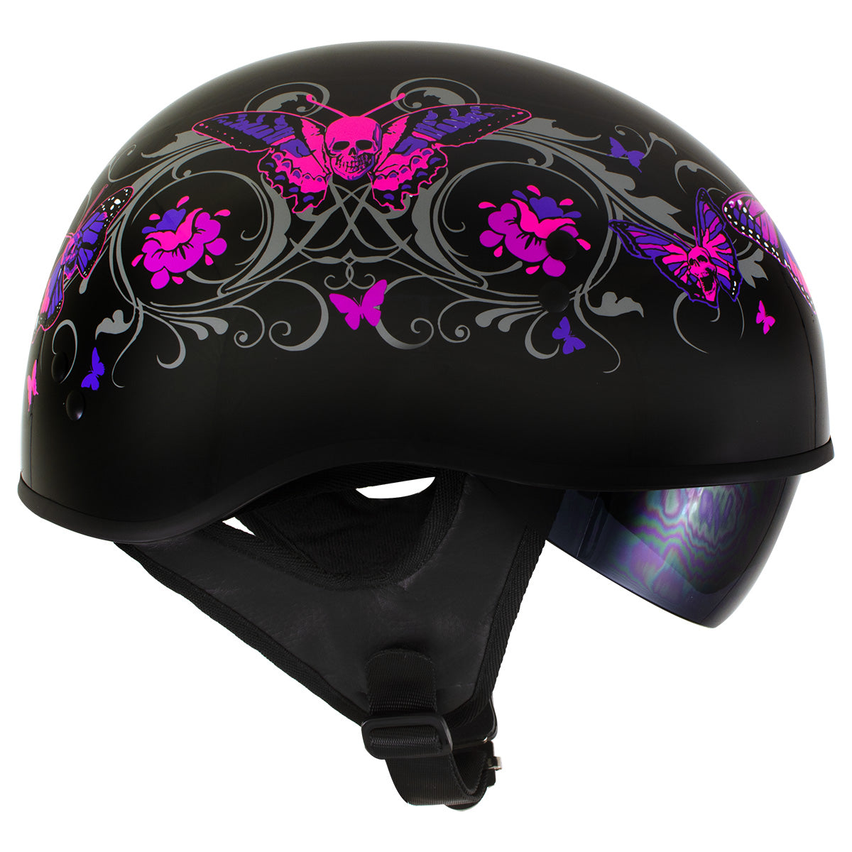 full face womens motorcycle helmets black pink Milwaukee Helmets T72 Gloss Black Pink Butterflies Advanced DOT Helmet w/ Drop Down Visor