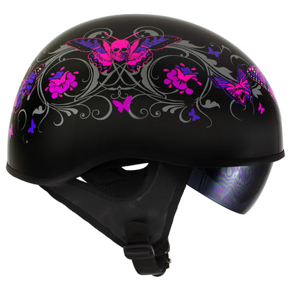 Hot Leathers HLT72 Gloss Black Pink Butterflies Advanced DOT Helmet for Men and Women with Drop Down Tinted Visor