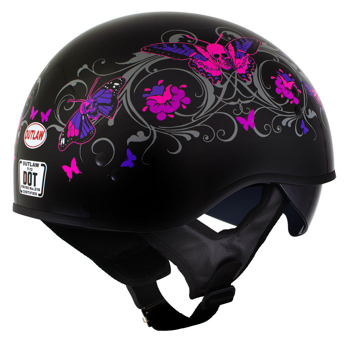 Hot Leathers HLT72 Gloss Black Pink Butterflies Advanced DOT Helmet for Men and Women with Drop Down Tinted Visor