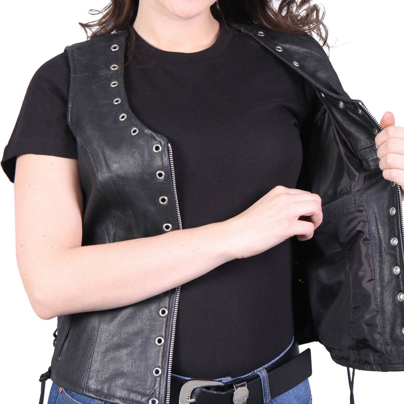 Hot Leathers VSL1009 Ladies Black Lambskin Vest with Grommet Accents