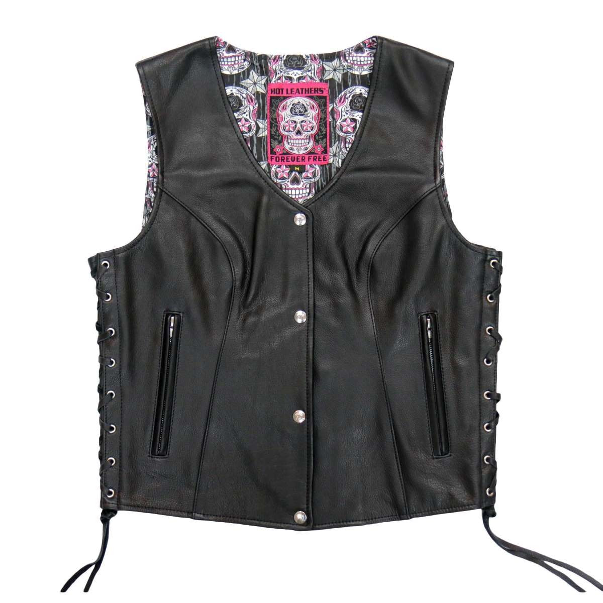 Hot Leathers VSL1017 Ladies 'Sugar Skull' Lined Black Leather MC Vest
