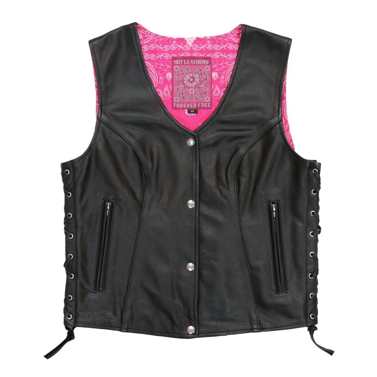 Hot Leathers VSL1018 Ladies 'Pink Paisley' Lined Black Leather MC Vest