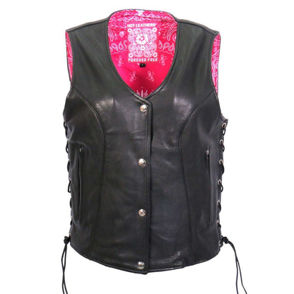 Hot Leathers VSL1018 Ladies 'Pink Paisley' Lined Black Leather MC Vest