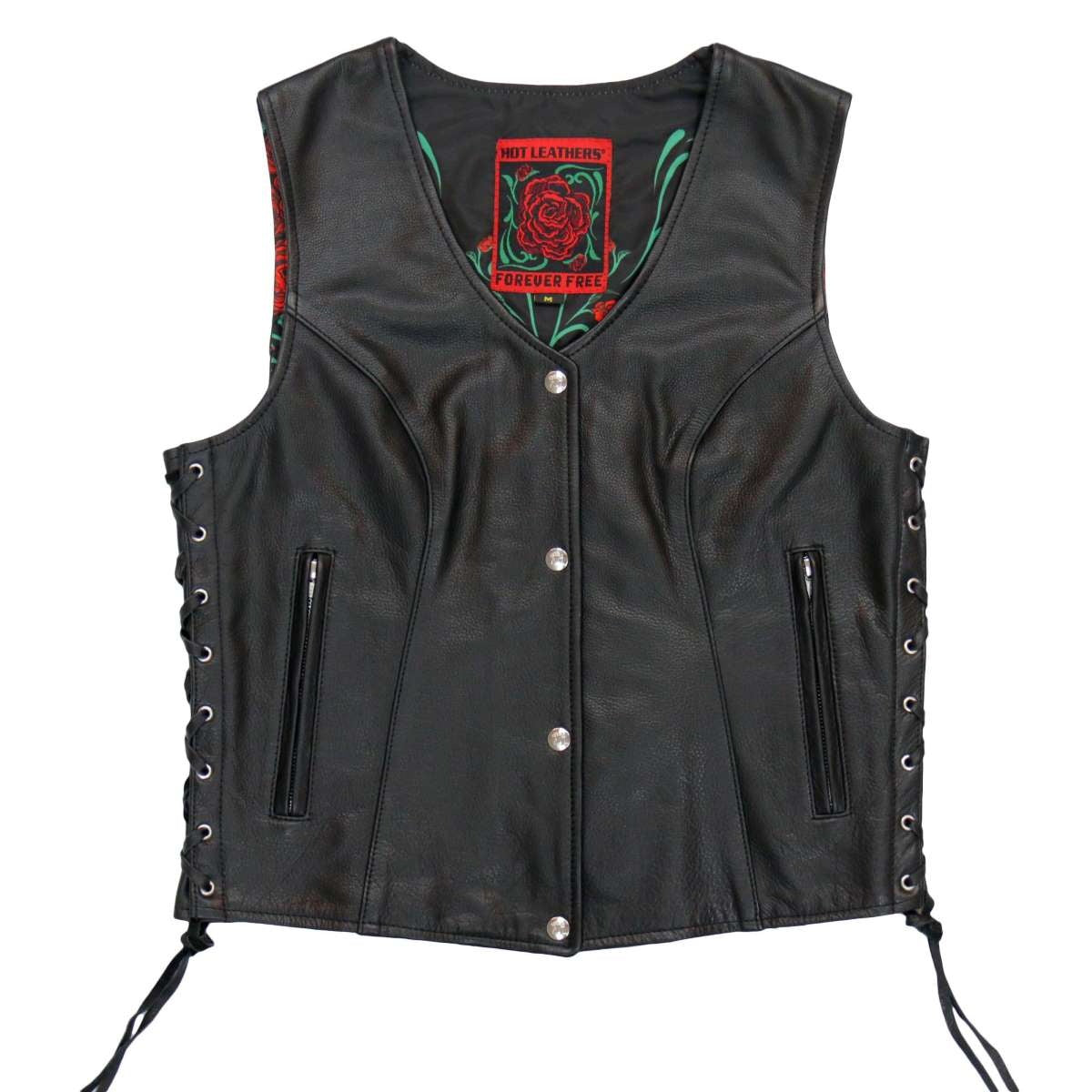 Hot Leathers VSL1019 Ladies 'Red Rose' Lined Black Leather MC Vest