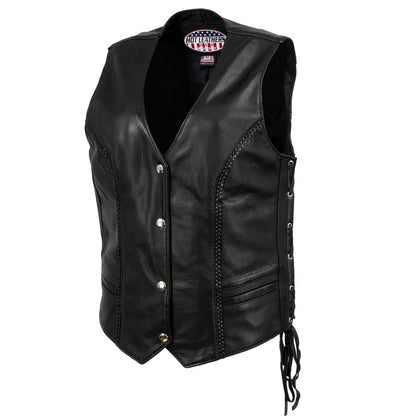 Hot Leathers VSL5001 USA Made Women's 'Vivacious' Black Braided Motorcycle Leather Vest