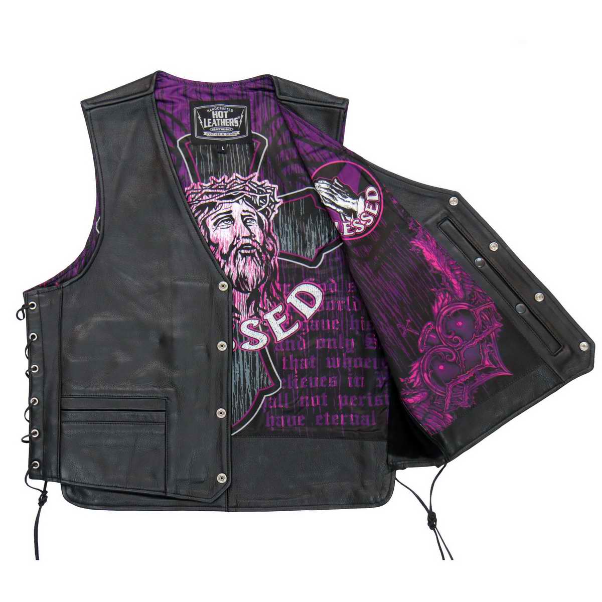 Hot Leathers VSM1063 Men's Black 'Blessed' Conceal and Carry Side Lace Leather Vest