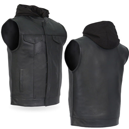 Hot Leathers VSM1201 Men's Black Motorcycle Biker Club Style Vest with Hoodie