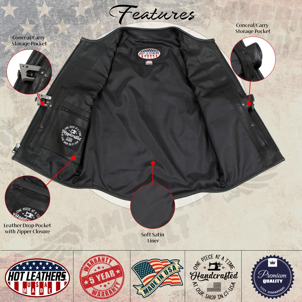 Hot Leathers VSM5001 USA Made Men's 'Steerhide' Black Premium Leather Club Style Vest