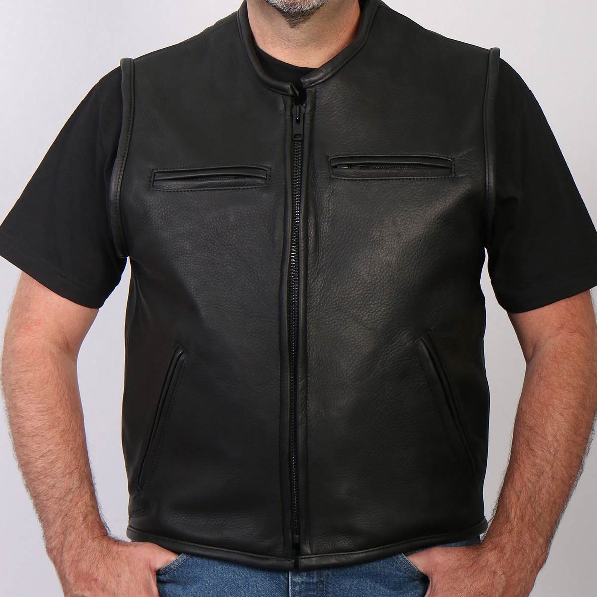 Hot Leathers VSM5001 USA Made Men's Black Premium Steerhide Leather Club Style Vest