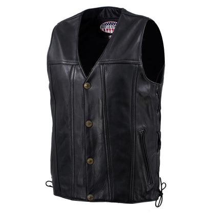 Hot Leathers VSM5005 USA Made Men's 'Road Whip' Black Premium Leather Vest with Buffalo Nickel Snap Buttons