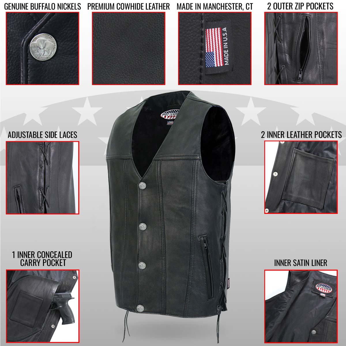 Hot Leathers VSM5005 Men's USA Made Buffalo Nickel Snap Premium Leather Vest