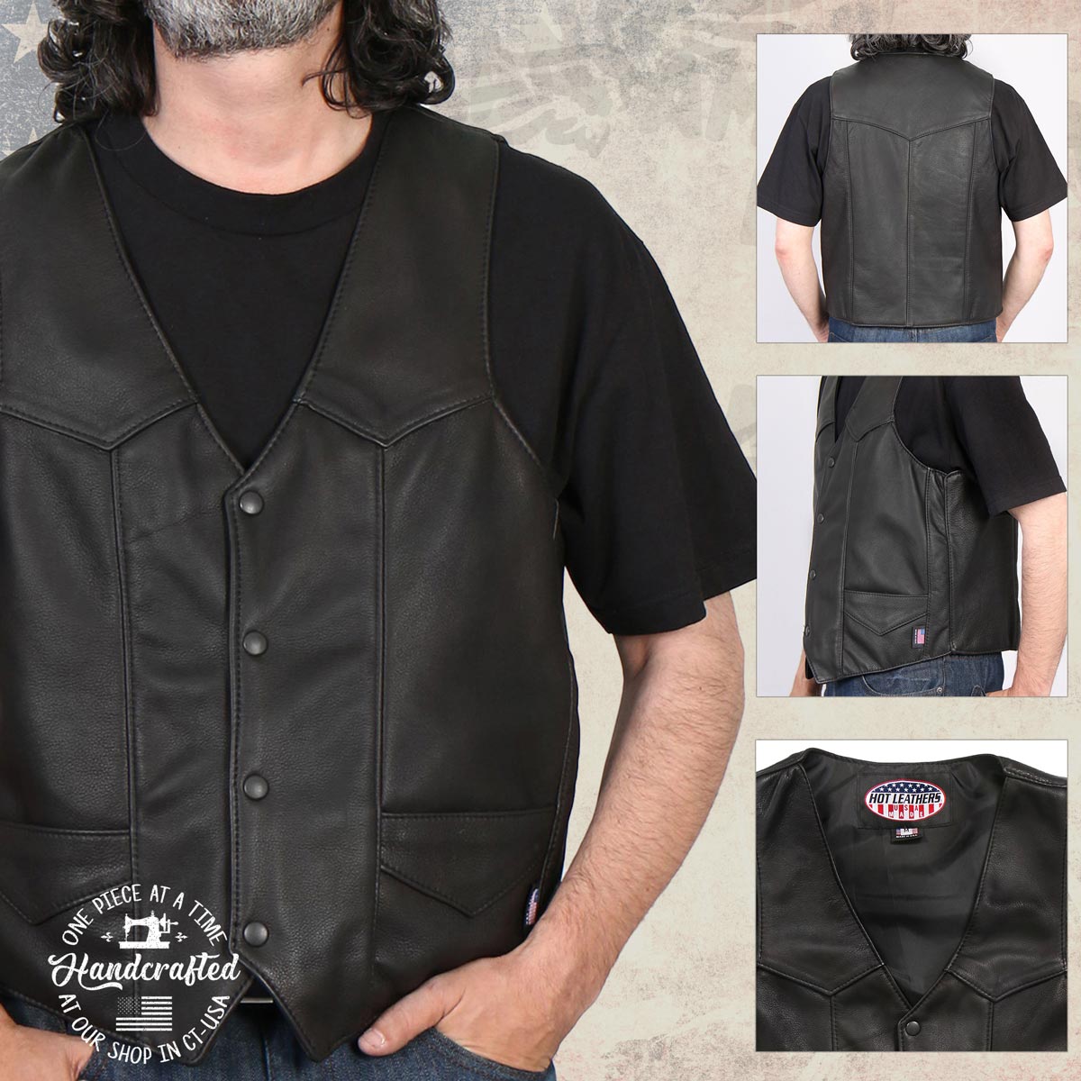 Hot Leathers VSM5006 USA Made Men's 'Classic Western' Black Premium Leather Vest