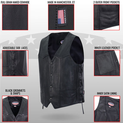 Hot Leathers VSM5008 USA Made Men's Black Western Style Side Lace Premium Leather Biker Vest