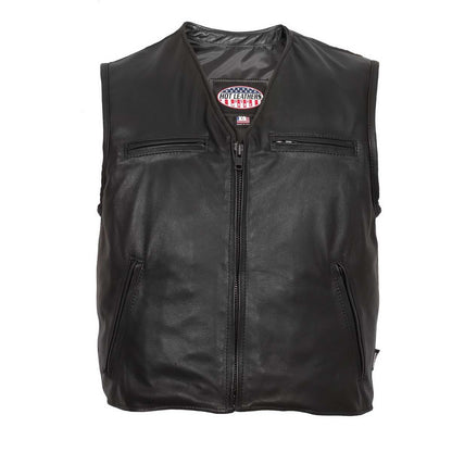 Hot Leathers VSM5009 USA Made Men's Black V-Neck Premium Leather Zippered Motorcycle Rider Vest