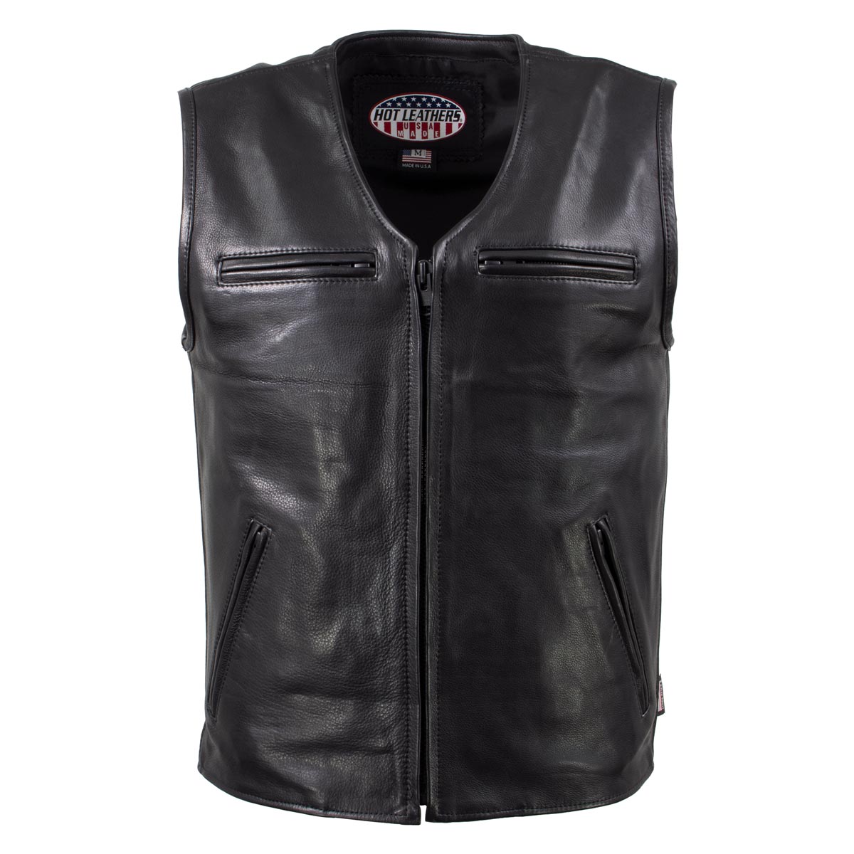 Hot Leathers VSM5009 USA Made Men's 'Slinger' Black V-Neck Premium Leather Zippered Vest