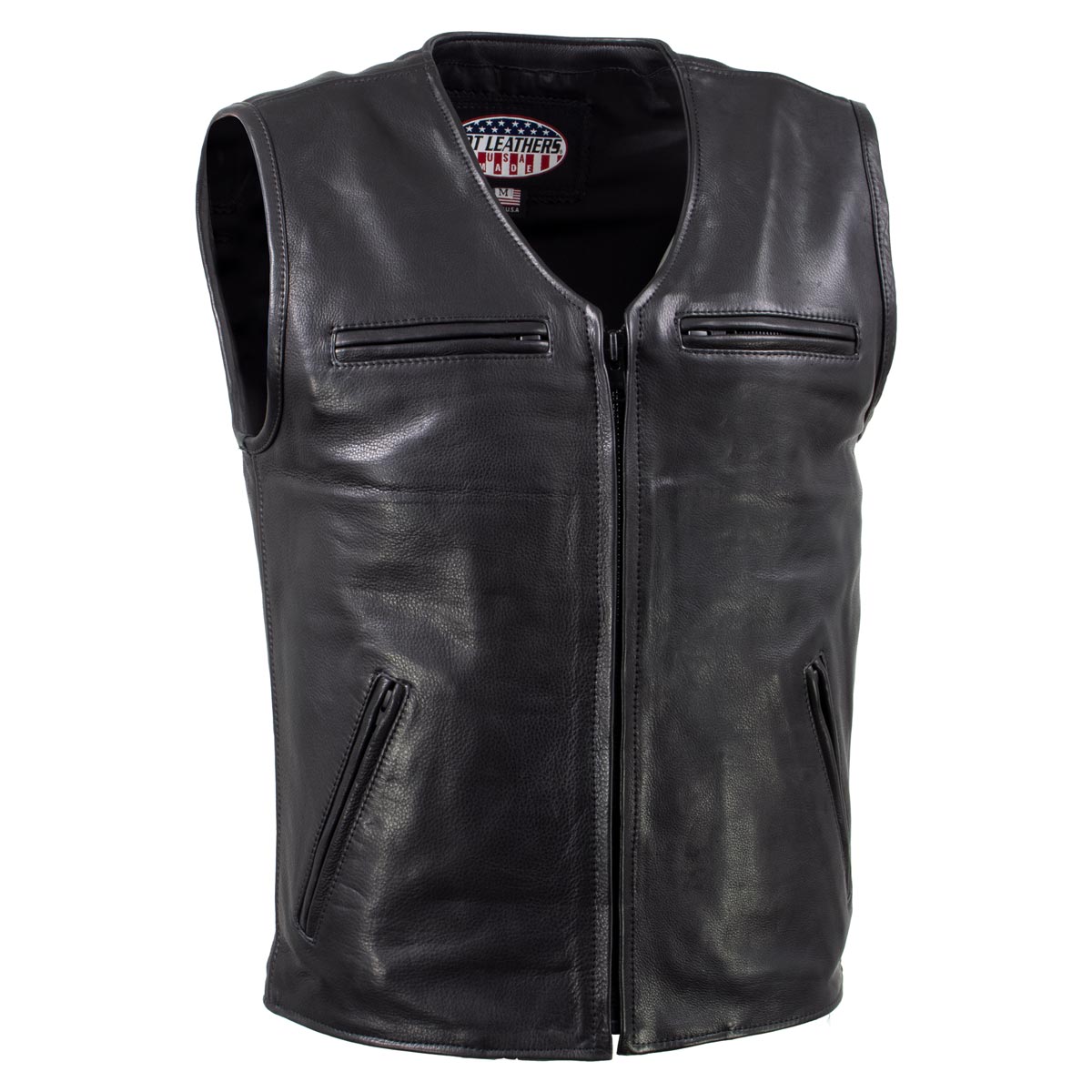 Hot Leathers VSM5009 USA Made Men's 'Slinger' Black V-Neck Premium Leather Zippered Vest