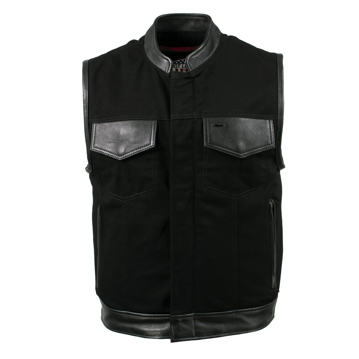 Hot Leathers VSM5101 USA Made Men's 'Burn Out' Black Denim and Leather Vest with Plaid Red Lining