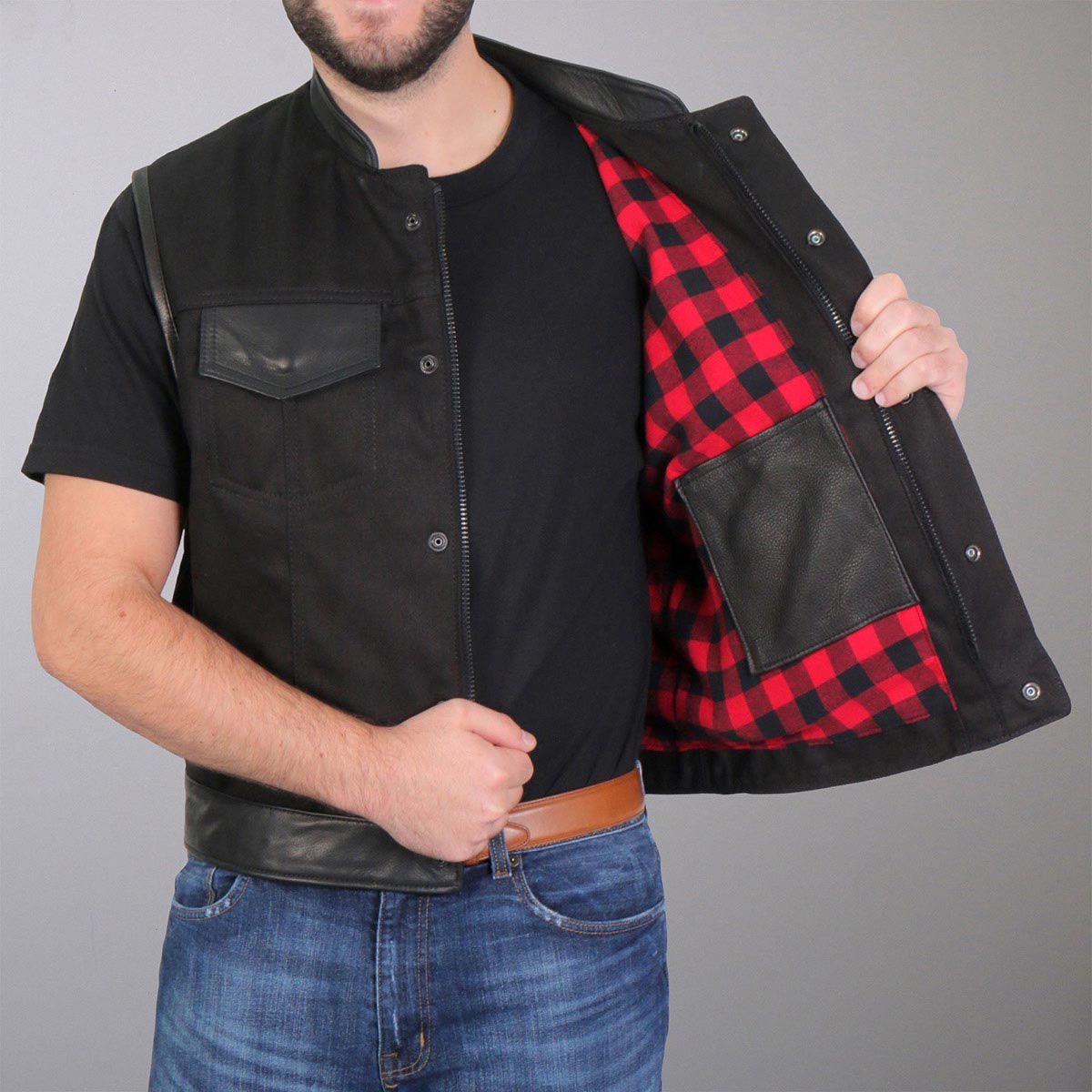 Hot Leathers VSM5101 Men's USA Made Denim and Leather Biker Rider Vest with Red Lining