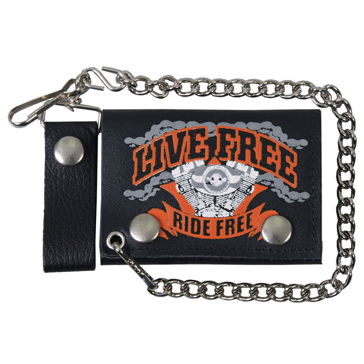 Hot Leathers WLB1009 Live Free, Ride Hard Black Leather Bi-Fold Wallet with Chain