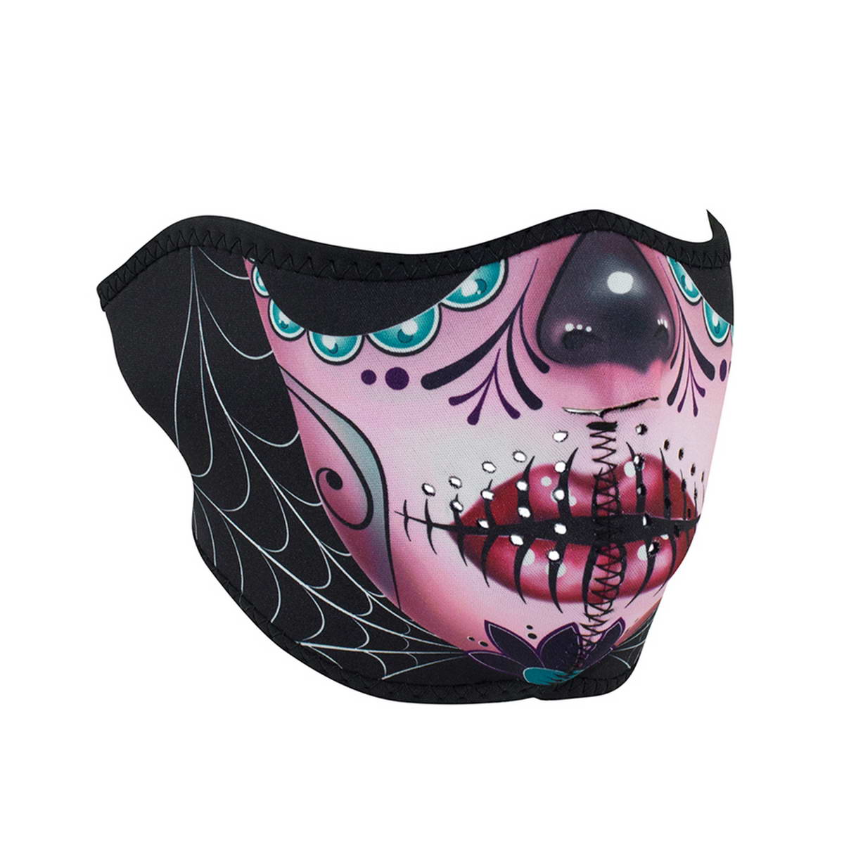 ZanHeadgear WNFM082H Half Mask Neoprene Reversible Sugar Skull To Purple