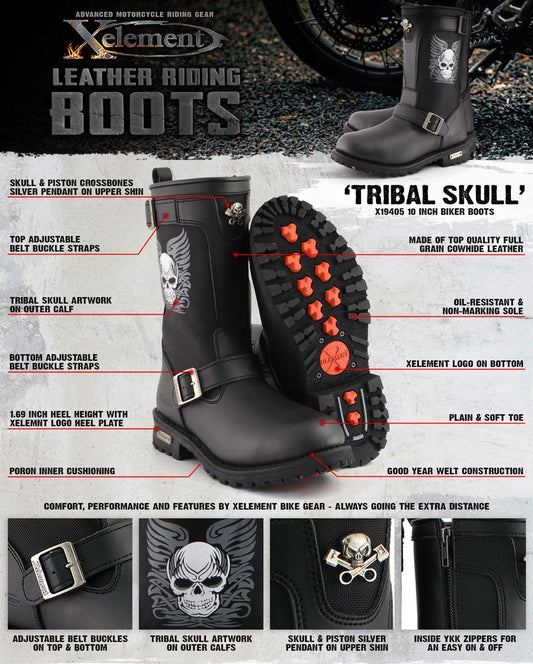 Xelement X19405 Men's Black Tribal Skull Leather Motorcycle Boots with Poron Cushion Insoles